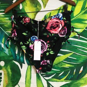 NWT $40 LYSA 0X Floral Black Side Tie Black Hipster Tummy Control Bikini Bottom